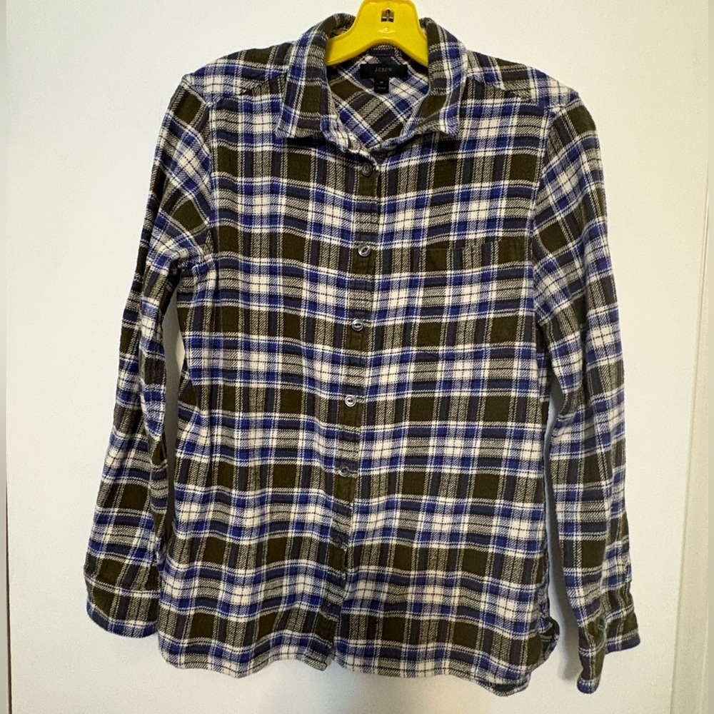 J.Crew Green Blue White Plaid Button Up Plaid Flannel Shirt Size 10‎ Cabin Fall